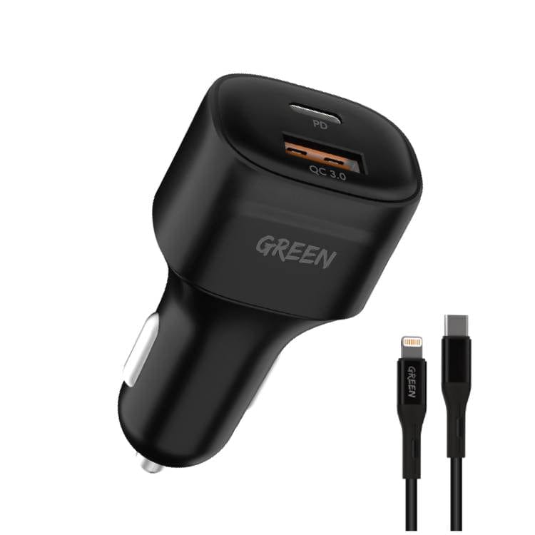 Green Lion Car Charger Dual Port Car Charger 20W with Type-C to Lightning Cable - Black - Games Corner